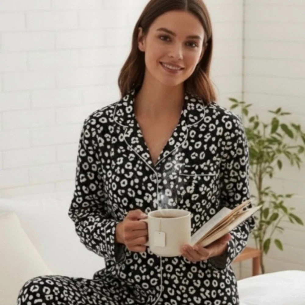 kate spade Black & White Leopard-Print Pajama Set with Contrast Piping
